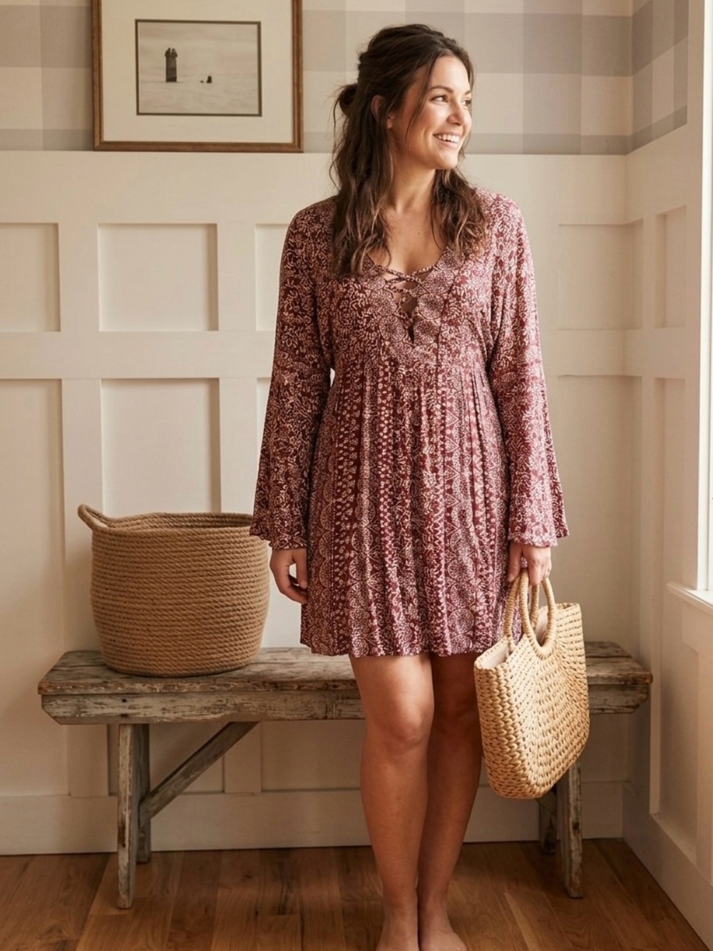 Nostalgia Burgundy and Cream Lace-Up Printed Boho Mini Dress Small - Picture 1 of 9